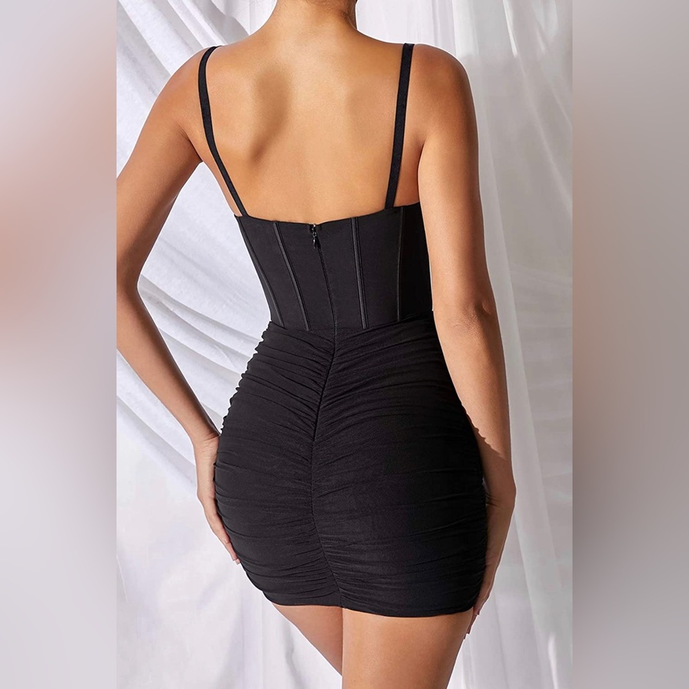 NWT (S) Black Dress Push Up Bustier Boned Corset Sheer Tank Mini Bodycon Dress - Picture 4 of 7